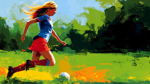 Impressionistic mural wallpaper of a female soccer player sprinting across a field in vibrant blues, reds, and greens.