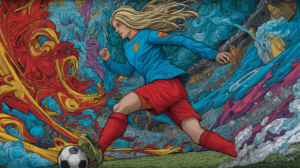 Intense Abstract Soccer Action Mural Wallpaper | Female Athlete, Surreal Comic, High-Energy Colors