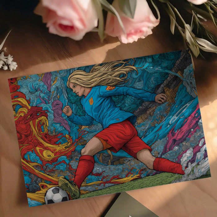 Intense Abstract Soccer Action Mural Wallpaper | Female Athlete, Surreal Comic, High-Energy Colors