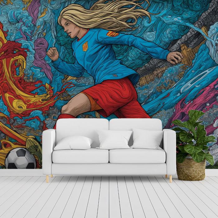 Intense Abstract Soccer Action Mural Wallpaper | Female Athlete, Surreal Comic, High-Energy Colors