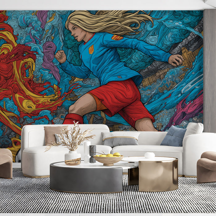 Intense Abstract Soccer Action Mural Wallpaper | Female Athlete, Surreal Comic, High-Energy Colors
