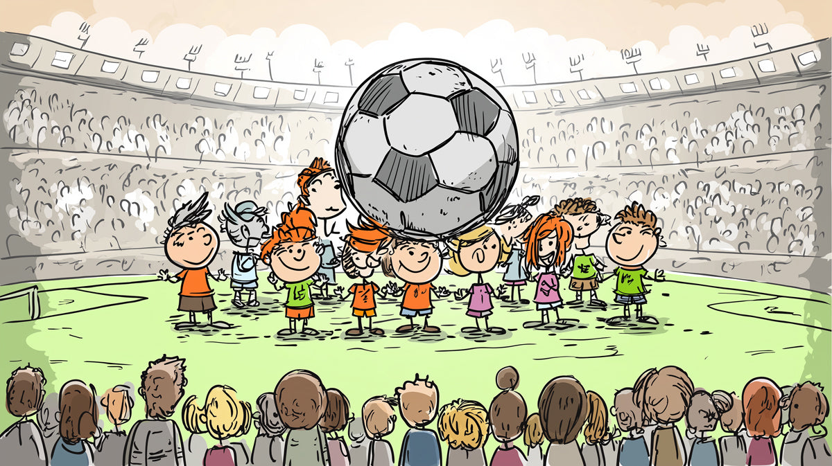Whimsical Kids Soccer Sketch Mural Wallpaper | Hand-Drawn Characters, Stadium Crowd, Neutral Palette