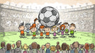 A whimsical sketch-style mural of a large soccer ball and cheering children in a stadium.