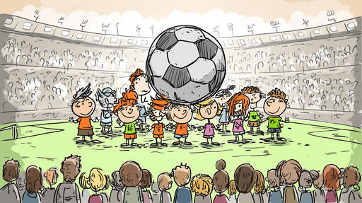 A whimsical sketch-style mural of a large soccer ball and cheering children in a stadium.