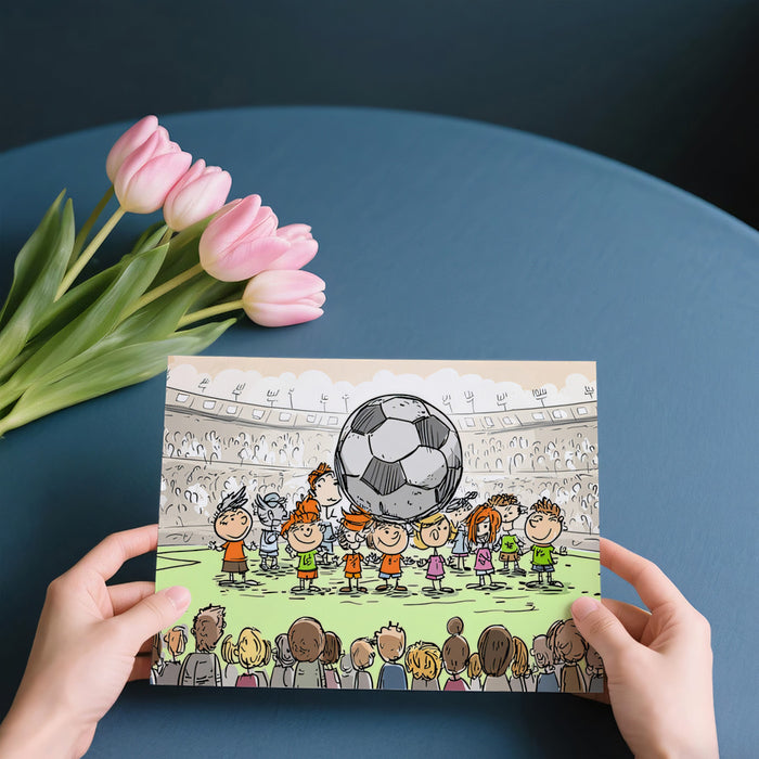 Whimsical Kids Soccer Sketch Mural Wallpaper | Hand-Drawn Characters, Stadium Crowd, Neutral Palette