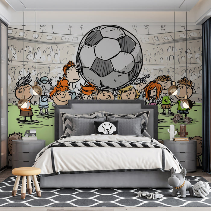 Whimsical Kids Soccer Sketch Mural Wallpaper | Hand-Drawn Characters, Stadium Crowd, Neutral Palette