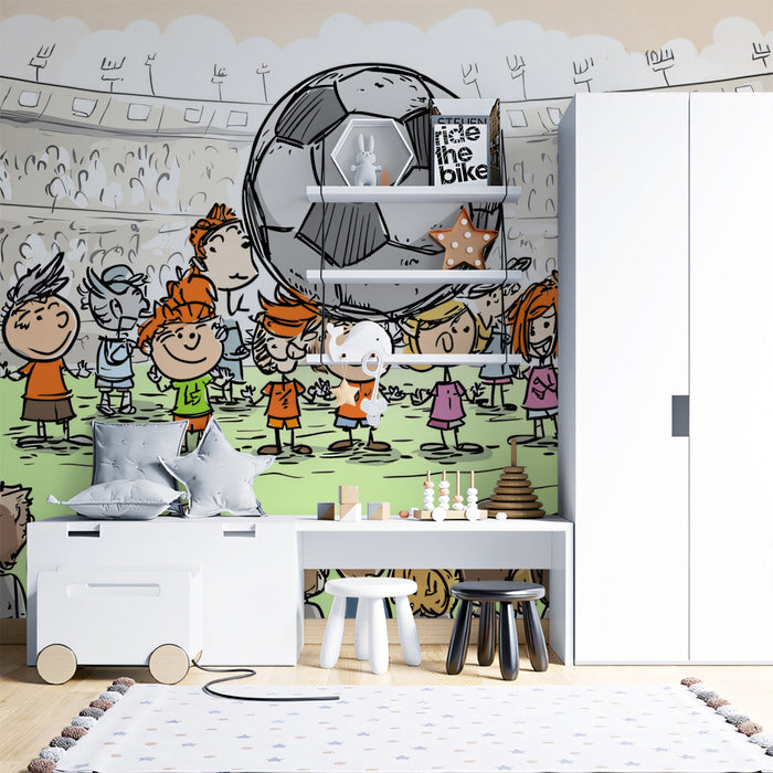 Whimsical Kids Soccer Sketch Mural Wallpaper | Hand-Drawn Characters, Stadium Crowd, Neutral Palette