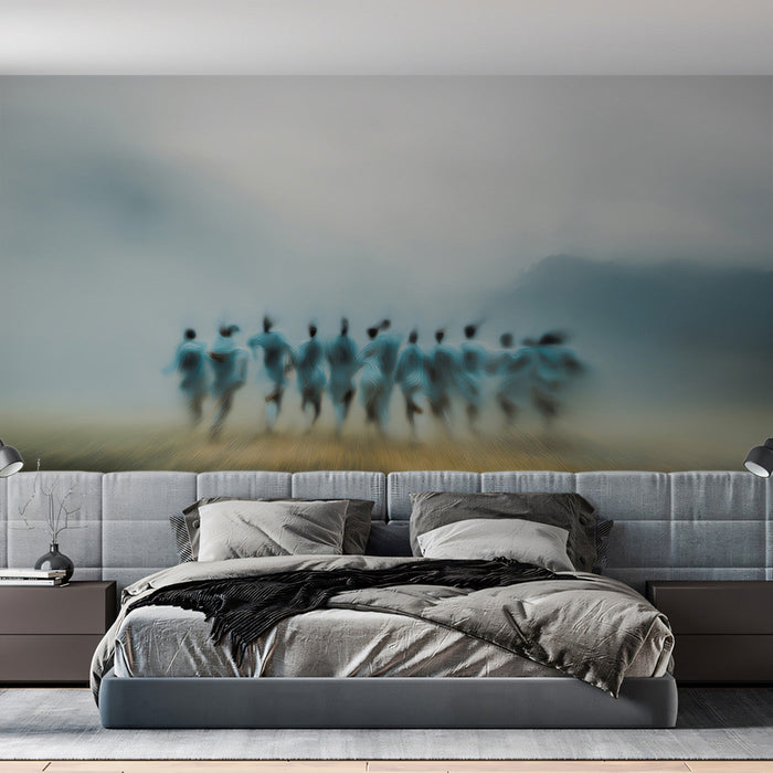 A quiet bedroom reading area featuring the misty abstract figures as a sophisticated, moody accent wall.