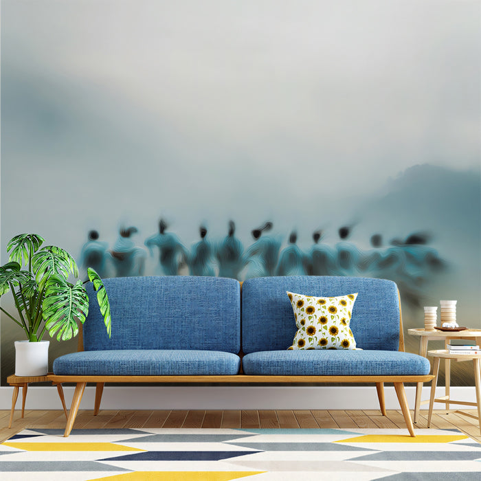 Motion Blur Soccer Players Mural Wallpaper | Misty Atmosphere, Abstract Action, Cool and Warm Hues