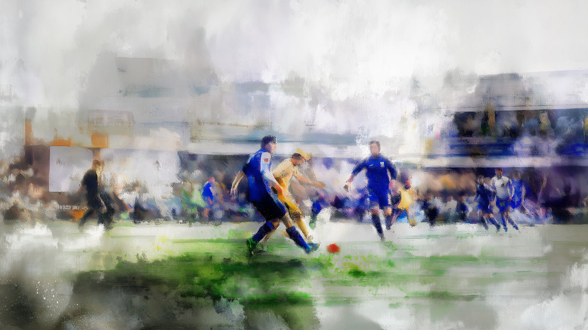 Watercolor Soccer Action Mural Wallpaper | Fluid Artistry, Blurred Stadium, Blue and Green Washes