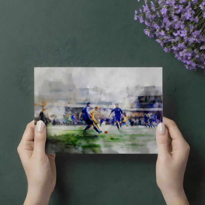 Modern home office with a blurred soccer match mural on the feature wall