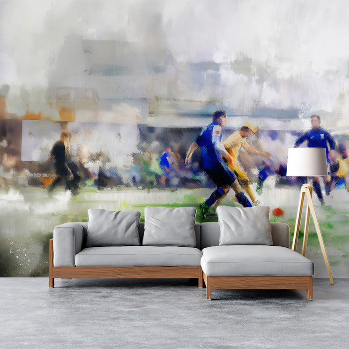 Watercolor Soccer Action Mural Wallpaper | Fluid Artistry, Blurred Stadium, Blue and Green Washes