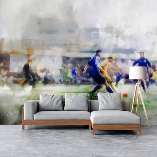 Study setup styled with an artistic soccer stadium wall mural