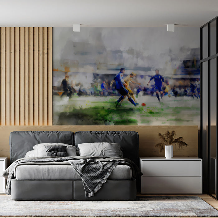 Watercolor Soccer Action Mural Wallpaper | Fluid Artistry, Blurred Stadium, Blue and Green Washes