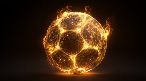 Glowing golden soccer ball motif with fiery edges on a black background