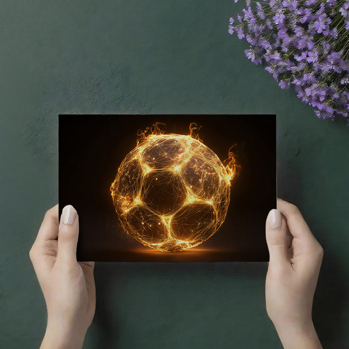 Fiery Digital Network Soccer Ball Mural Wallpaper | Abstract Energy, Glowing Geometric Mesh, Dark Background