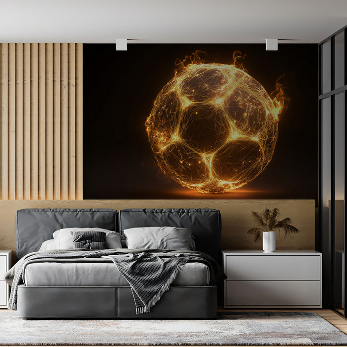 Fiery Digital Network Soccer Ball Mural Wallpaper | Abstract Energy, Glowing Geometric Mesh, Dark Background
