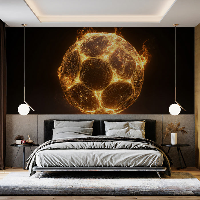 Fiery Digital Network Soccer Ball Mural Wallpaper | Abstract Energy, Glowing Geometric Mesh, Dark Background