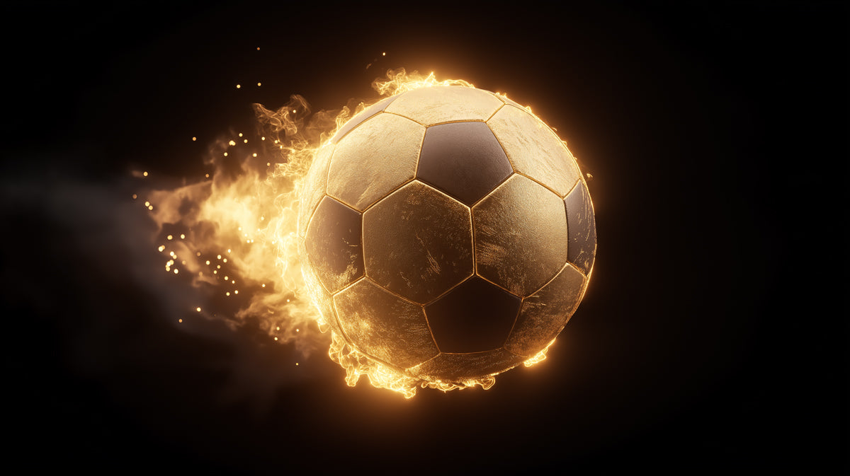 Golden Flaming Soccer Ball Mural Wallpaper | Dark Background, Cinematic Energy, High-Contrast Glow