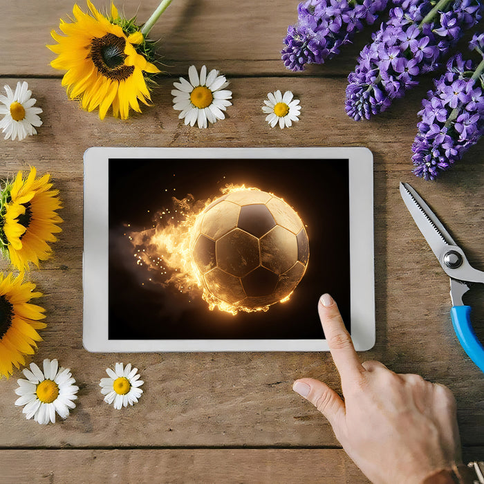 Golden Flaming Soccer Ball Mural Wallpaper | Dark Background, Cinematic Energy, High-Contrast Glow