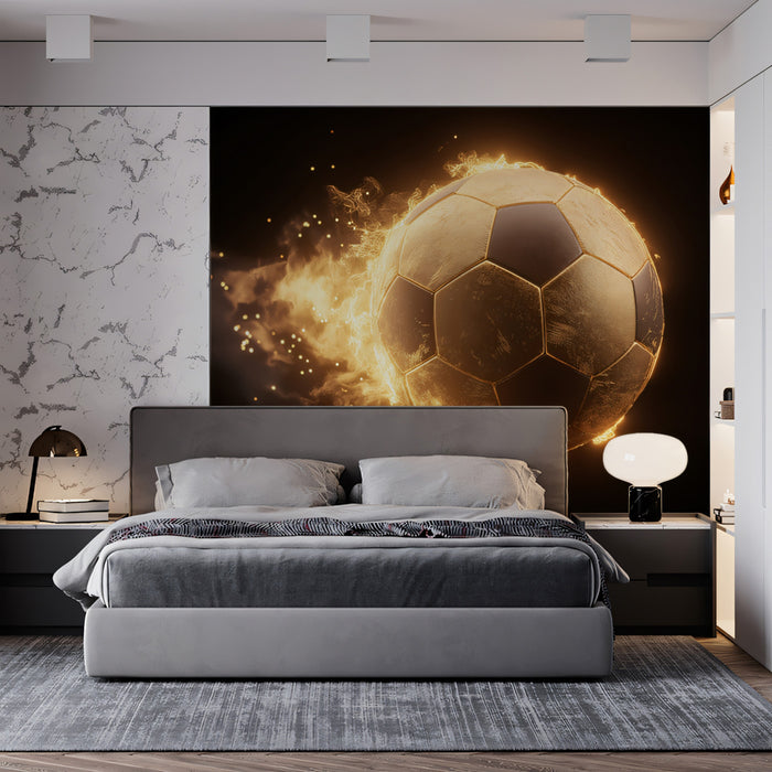 Golden Flaming Soccer Ball Mural Wallpaper | Dark Background, Cinematic Energy, High-Contrast Glow