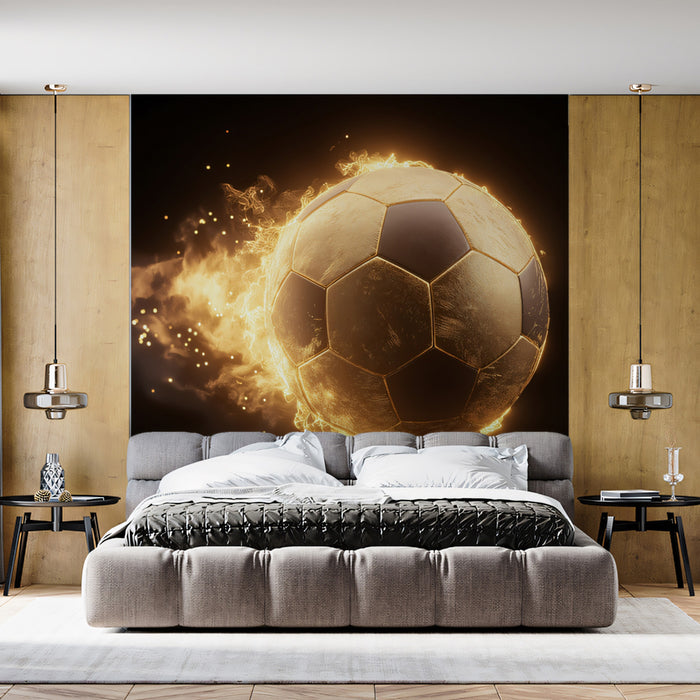 Golden Flaming Soccer Ball Mural Wallpaper | Dark Background, Cinematic Energy, High-Contrast Glow