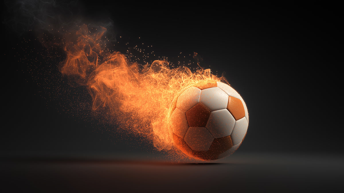 Burning Soccer Ball Motion Mural Wallpaper | Warm Orange Fire, Particle Trails, Modern Graphic Art