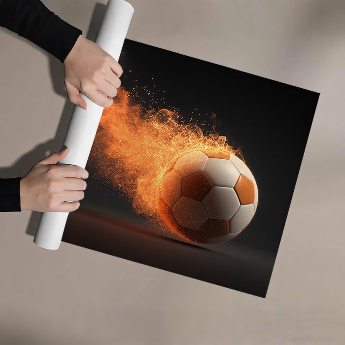 Burning Soccer Ball Motion Mural Wallpaper | Warm Orange Fire, Particle Trails, Modern Graphic Art