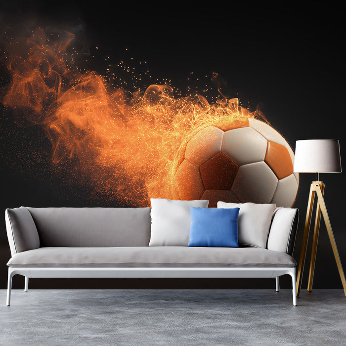 Burning Soccer Ball Motion Mural Wallpaper | Warm Orange Fire, Particle Trails, Modern Graphic Art