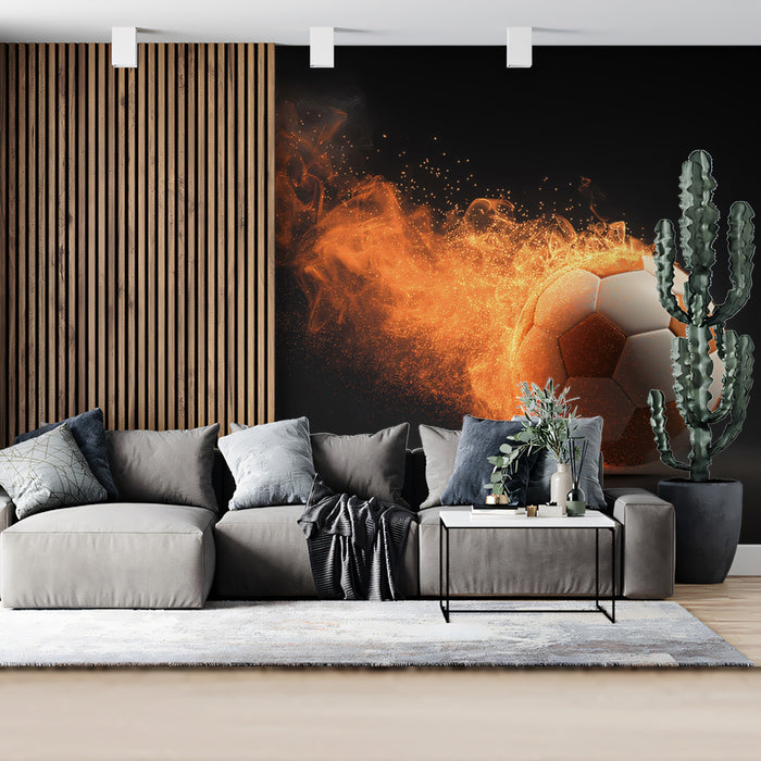 Burning Soccer Ball Motion Mural Wallpaper | Warm Orange Fire, Particle Trails, Modern Graphic Art