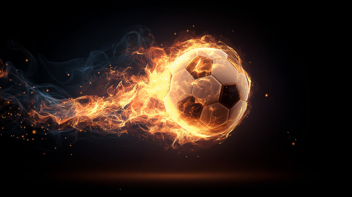 Fire and Smoke Soccer Ball Mural Wallpaper | High-Speed Trail, Orange and Blue Contrast, Dynamic Energy