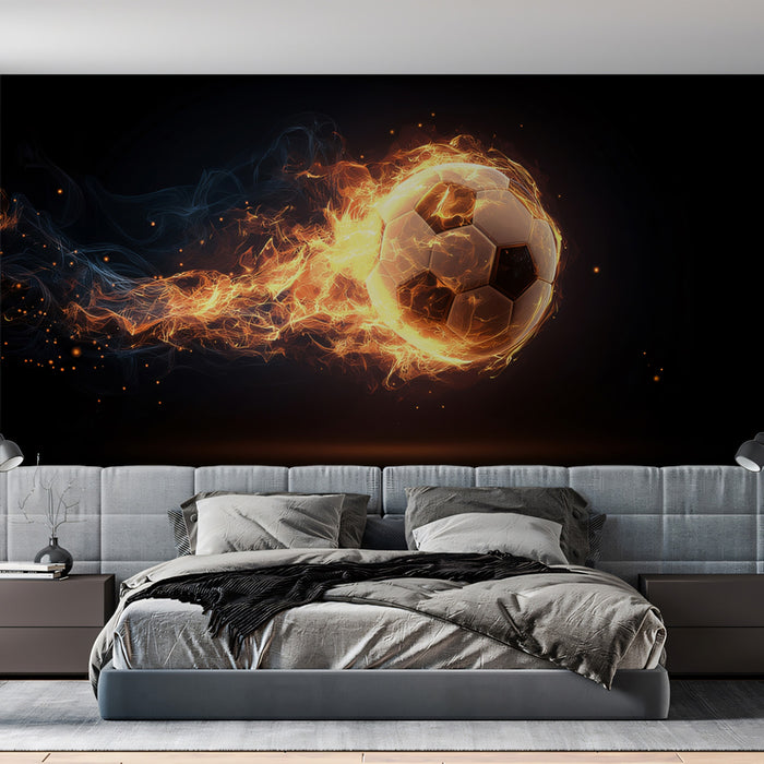 Fire and Smoke Soccer Ball Mural Wallpaper | High-Speed Trail, Orange and Blue Contrast, Dynamic Energy
