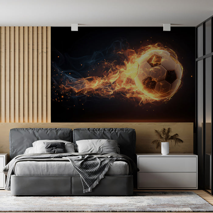 Fire and Smoke Soccer Ball Mural Wallpaper | High-Speed Trail, Orange and Blue Contrast, Dynamic Energy