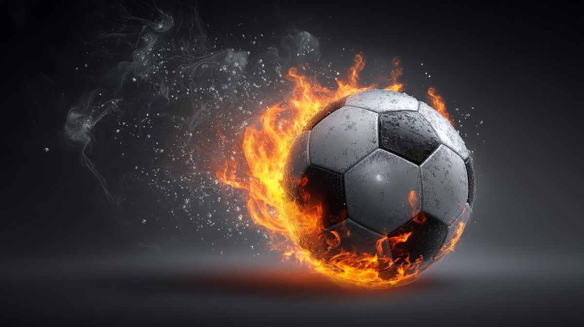 Soccer Ball Ignite Fire and Water Mural Wallpaper | Classic Ball Design, Dark Backdrop, Steam and Flame Effect