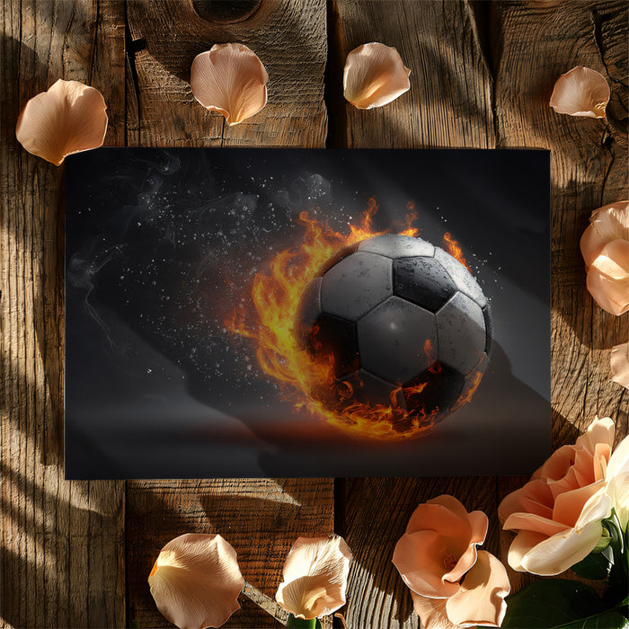 Soccer Ball Ignite Fire and Water Mural Wallpaper | Classic Ball Design, Dark Backdrop, Steam and Flame Effect