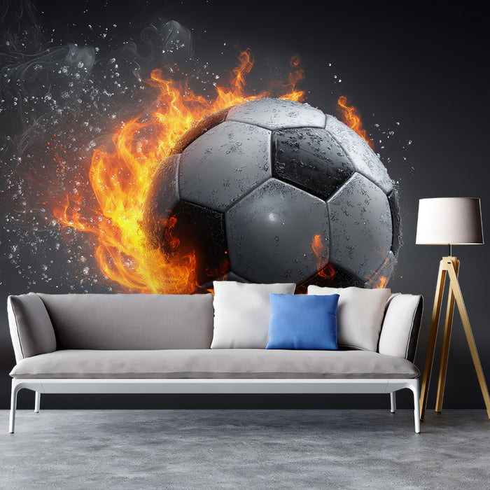 Soccer Ball Ignite Fire and Water Mural Wallpaper | Classic Ball Design, Dark Backdrop, Steam and Flame Effect