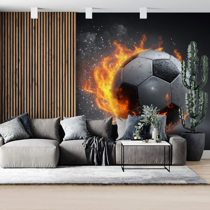Soccer Ball Ignite Fire and Water Mural Wallpaper | Classic Ball Design, Dark Backdrop, Steam and Flame Effect