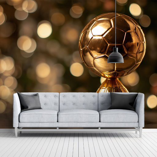 A modern game room wall featuring a large-scale golden trophy mural behind a sleek dark wood bar.