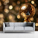 A modern game room wall featuring a large-scale golden trophy mural behind a sleek dark wood bar.