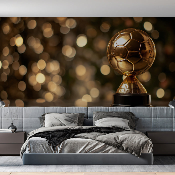 A home theatre interior with a cinematic gold trophy wallpaper mural creating a luxurious focal point.