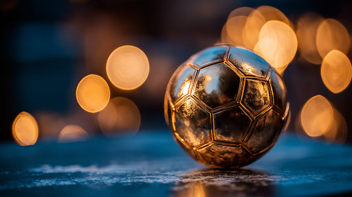 Close-up of a metallic golden football with a bokeh background in shades of navy blue and charcoal.
