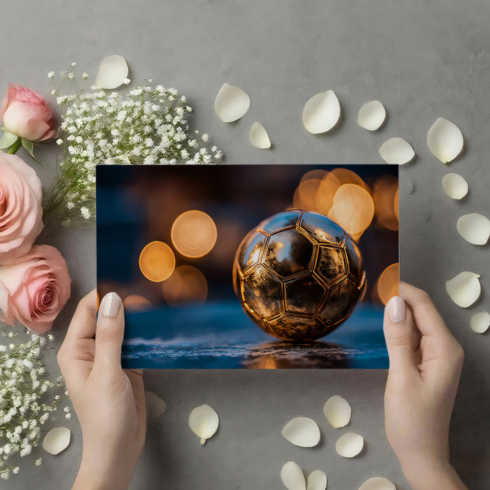 Metallic Gold Soccer Ball Bokeh Mural Wallpaper | Luxurious Detail, Low Light, Cinematic Atmosphere