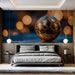 A modern bedroom with a sports-inspired wall mural reflecting gold accents in the decor.