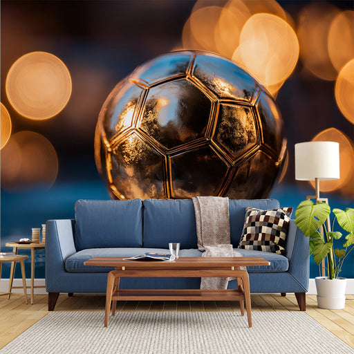 A masculine living room with a metallic football wall mural behind a dark wood bed frame.