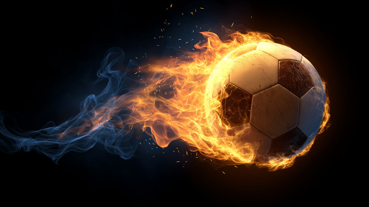 Inferno Speed Soccer Ball Mural Wallpaper | Dramatic Fire and Cool Smoke, High Contrast, Explosive Motion