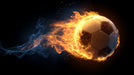 Soccer ball on fire with blue smoke trails against a solid black background