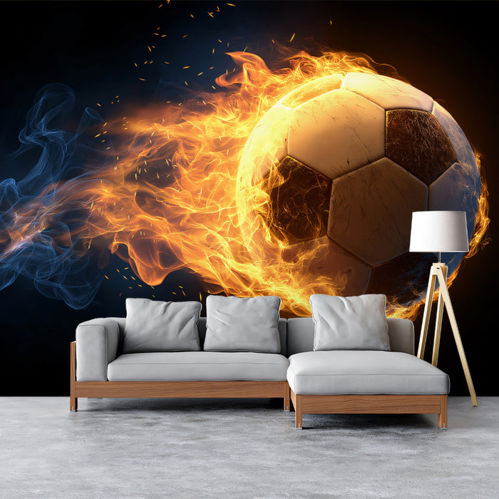 Inferno Speed Soccer Ball Mural Wallpaper | Dramatic Fire and Cool Smoke, High Contrast, Explosive Motion