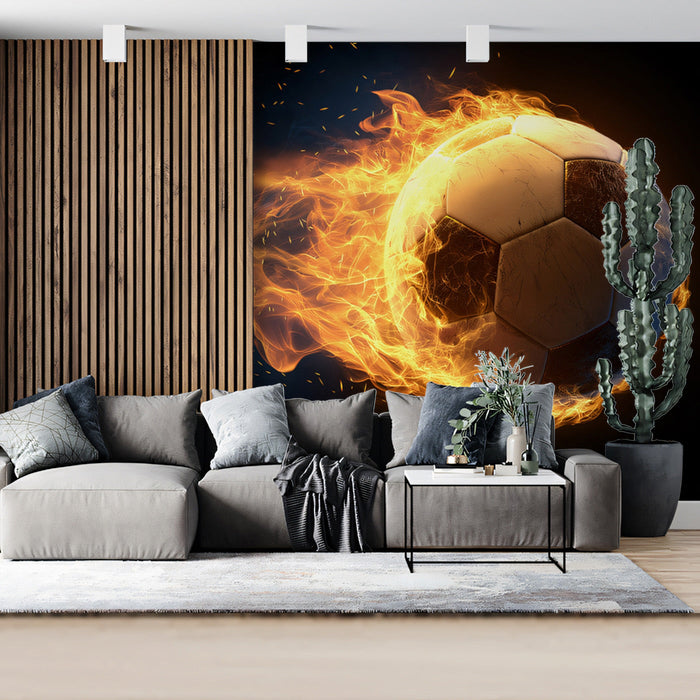 Fiery soccer ball mural installed in a modern home living room