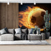 Fiery soccer ball mural installed in a modern home living room