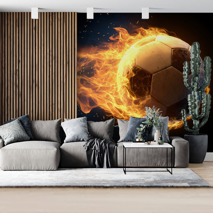 Inferno Speed Soccer Ball Mural Wallpaper | Dramatic Fire and Cool Smoke, High Contrast, Explosive Motion